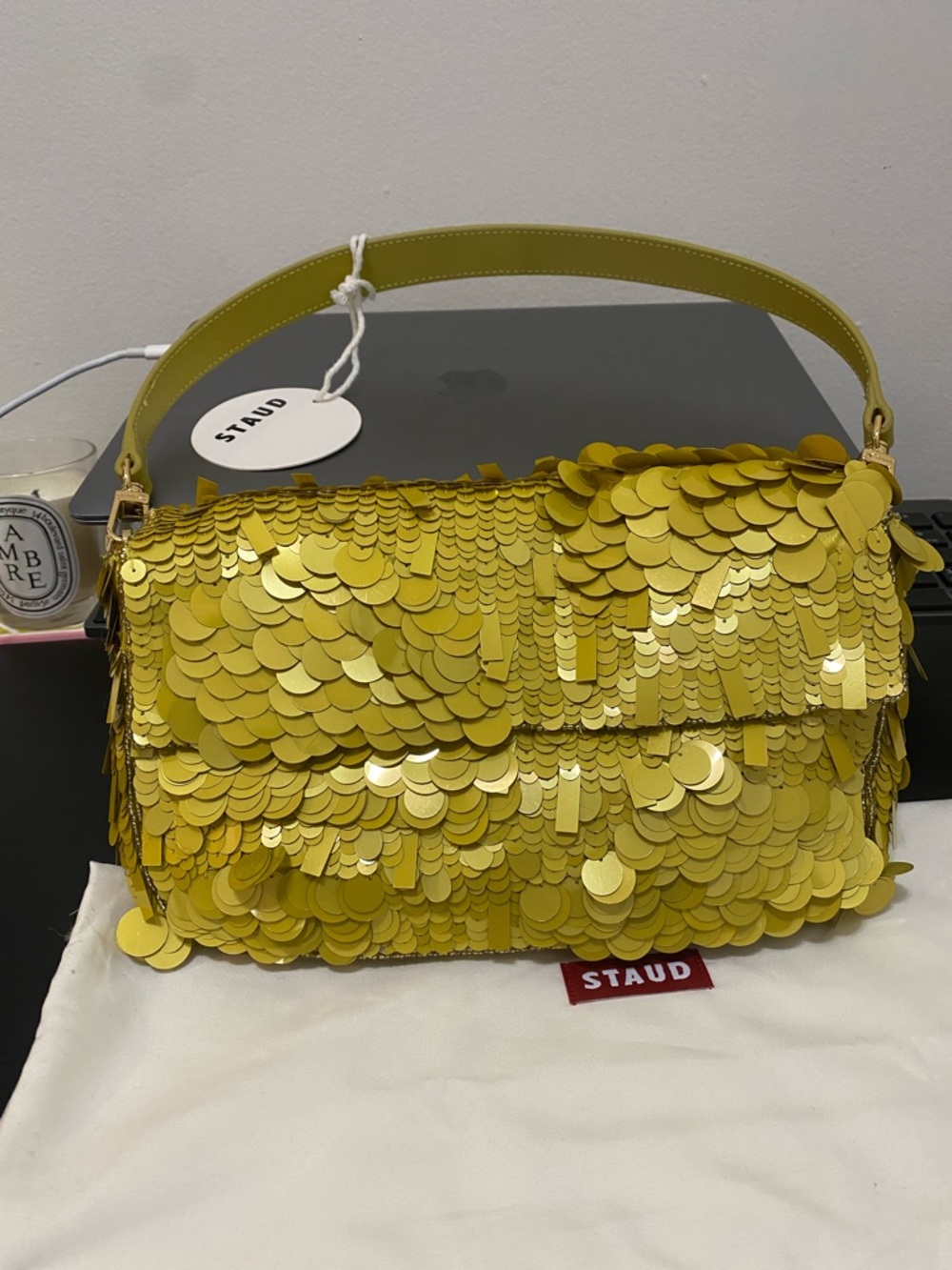 STAUD Timmy Yellow Sequin Shoulder Bag